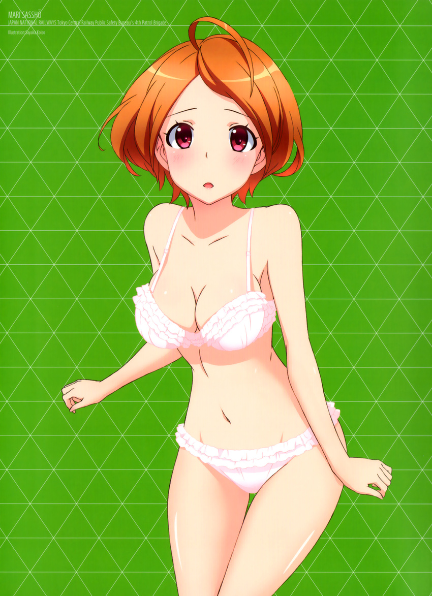 :o ahoge artist_name bare_shoulders blush bra breasts character_name cleavage collarbone cowboy_shot frilled_bra frilled_panties frills green_background groin highres koiso_sayaka lips looking_at_viewer medium_breasts navel open_mouth orange_hair panties pink_eyes rail_wars! red_eyes sasshou_mari shiny shiny_hair shiny_skin short_hair solo stomach thigh_gap underwear underwear_only watermark white_bra white_panties