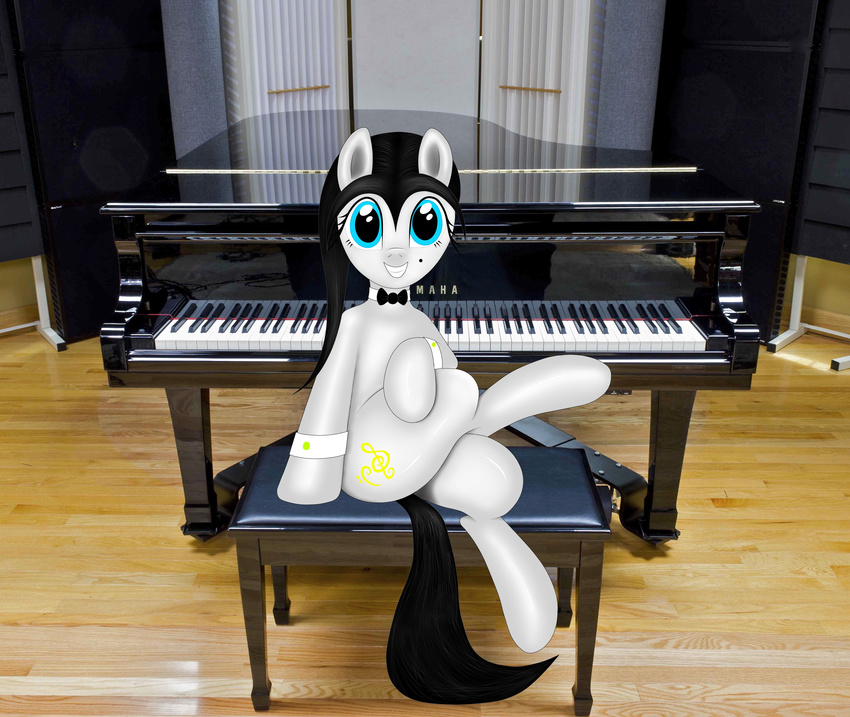 absurd_res black_hair blue_eyes bow_tie crossed_legs cutie_mark equine fan_character female fur hair hi_res hooves horse inside klavinova long_hair looking_at_viewer mammal musical_instrument my_little_pony piano pony sitting smile solo