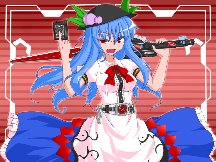 belt blue_hair crossover henshin henshin_pose hinanawi_tenshi kamen_rider kamen_rider_den-o_(series) parody pose red_eyes sword touhou tsukushi_(741789) weapon