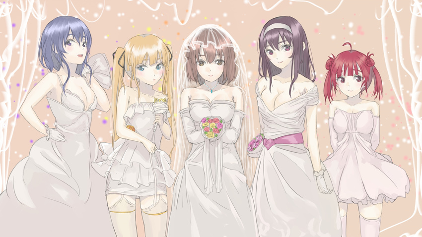 ahoge antenna_hair bad_id bad_pixiv_id bangs blonde_hair blue_eyes blue_hair bouquet breasts brown_eyes brown_hair cleavage collarbone dress flower frills garter_straps hair_bun hairband hashima_izumi highres hyoudou_michiru jewelry kasumigaoka_utaha katou_megumi long_hair looking_at_viewer medium_breasts multiple_girls off_shoulder open_mouth pendant red_eyes red_hair saenai_heroine_no_sodatekata sawamura_spencer_eriri short_hair sleeveless small_breasts smile thighhighs tin078 twintails veil wedding_dress white_dress white_legwear