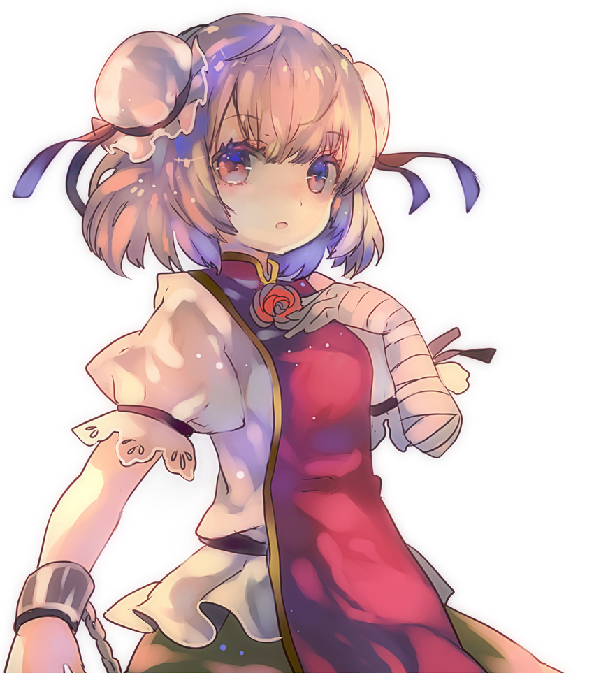 bandaged_arm bandages bow bun_cover cha_goma chain cuffs double_bun flower highres ibaraki_kasen looking_at_viewer open_mouth pink_eyes pink_hair puffy_sleeves rose shirt short_hair short_sleeves simple_background skirt solo tabard touhou white_background