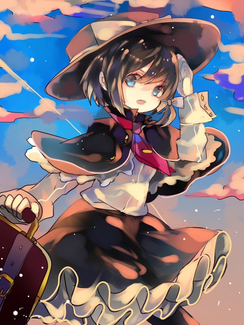 bag black_capelet black_hair blue_eyes bow capelet cha_goma gloves hat hat_bow highres open_mouth sash solo touhou usami_renko