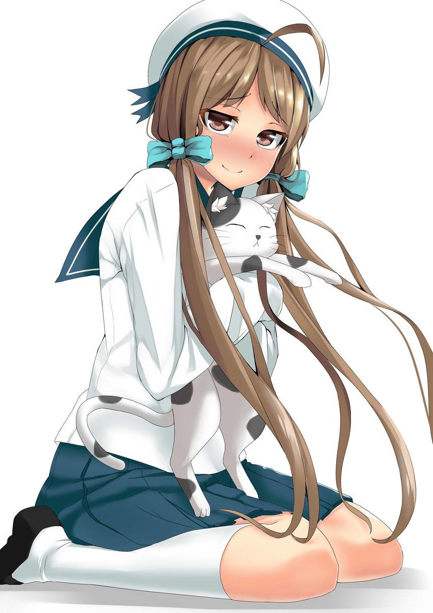 absurdres ahoge batsubyou blue_skirt blush bow brown_eyes brown_hair cat error_musume hair_bow hat highres humanization kantai_collection kneehighs kneeling_girl_(kantai_collection) looking_at_viewer low_twintails luonawei pleated_skirt pork_pie_sailor_hat sailor_collar sailor_hat school_uniform serafuku sitting skirt smile twintails wariza white_legwear