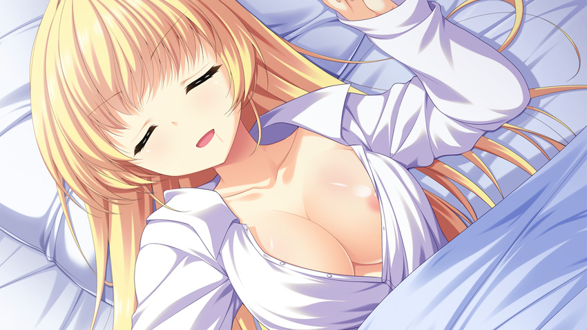 1girl areola_slip areolae bed blonde_hair breasts cleavage drooling eyes_closed female game_cg highres kishi&times;kano kishiÃ—kano large_breasts long_hair lying mikado_asuha minatsuki_alumi no_bra open_mouth pillow sleeping smile solo unbuttoned under_covers