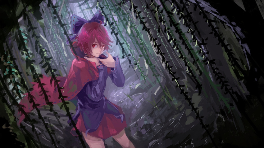 blurry bow cape depth_of_field hair_bow hands_up kaatoso long_sleeves neck_grab night no_neck perspective red_eyes red_hair red_skirt ribbon-trimmed_sleeves ribbon_trim sekibanki shirt short_hair skirt solo standing thighs touhou tree untucked_shirt wading water willow