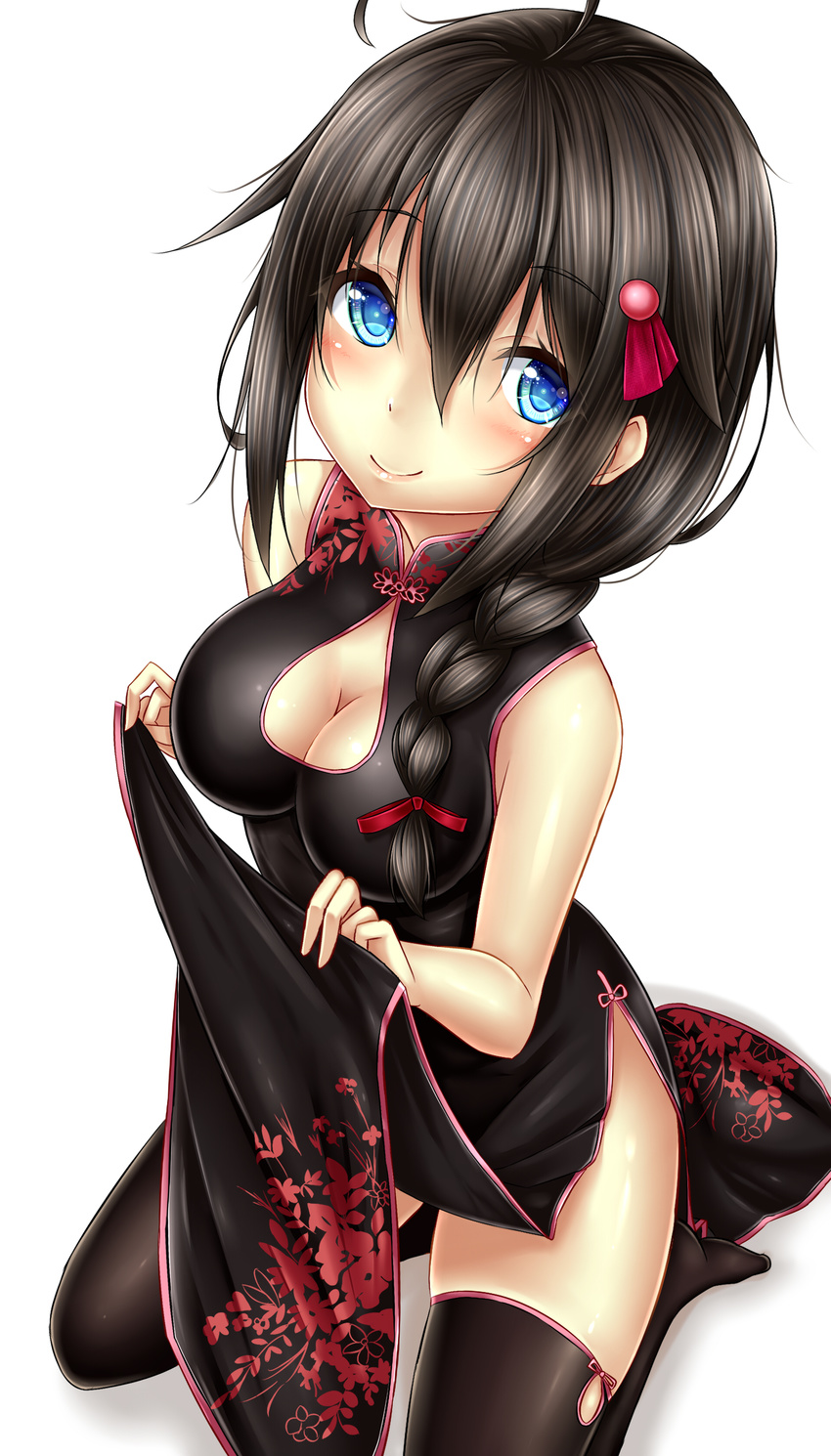 absurdres ahoge akkii_(meragold) bad_id bad_pixiv_id black_hair blue_eyes braid breasts china_dress chinese_clothes cleavage colorized dress hair_flaps hair_ornament hair_over_shoulder highres kantai_collection large_breasts long_hair remodel_(kantai_collection) saku_(kudrove) shigure_(kantai_collection) single_braid smile solo thighhighs