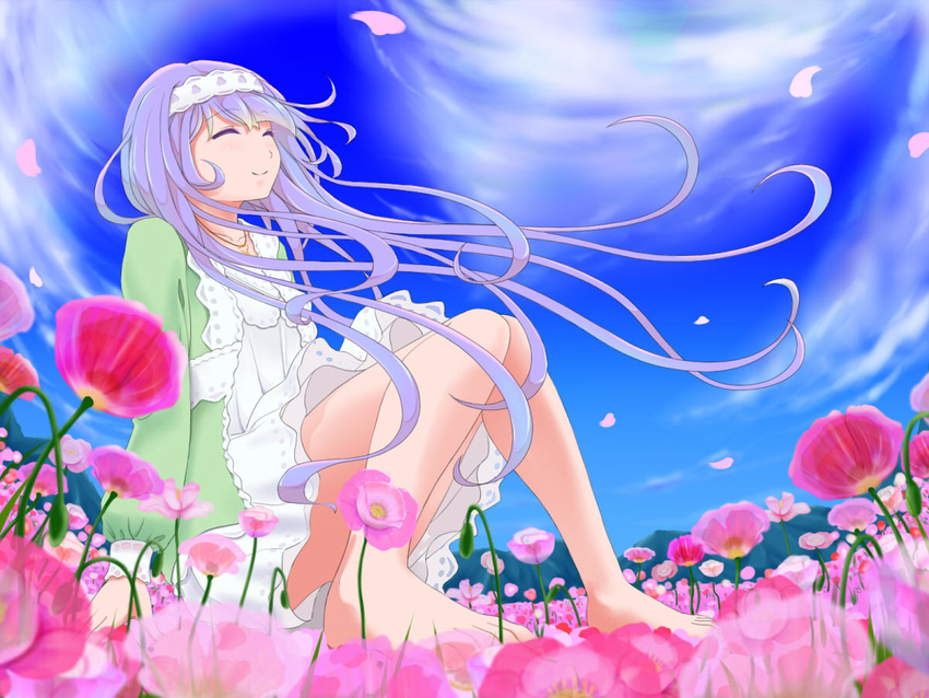 barefoot closed_eyes day dress flower hairband long_hair original petals purple_hair sitting sky smile solo tyawan_(tyotoko)