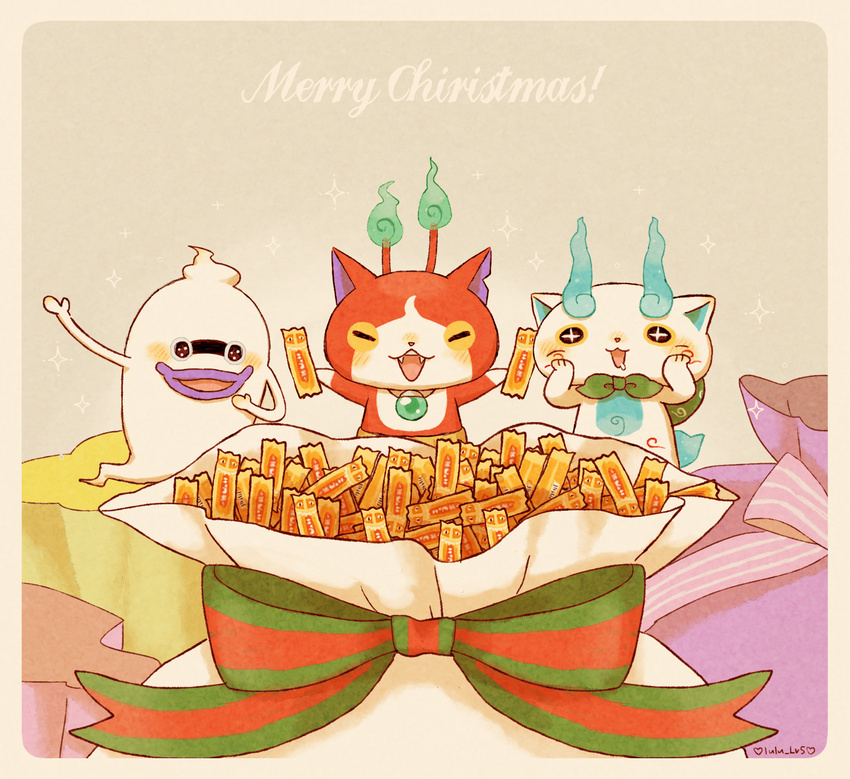 bad_id bad_pixiv_id blush candy_bar cat chocoboo christmas closed_eyes drooling engrish fangs furoshiki ghost haramaki highres jibanyan kanacho komasan merry_christmas multiple_tails no_humans notched_ear open_mouth purple_lips ranguage sparkle tail two_tails whisper_(youkai_watch) youkai youkai_watch