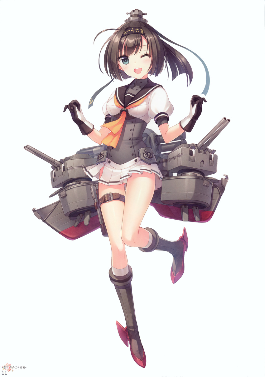 :3 :o ;d absurdres akizuki_(kantai_collection) an2a black_hair blue_eyes boots breasts cannon chou-10cm-hou-chan full_body gloves grey_footwear headband highres kantai_collection machinery one_eye_closed open_mouth panties pantyshot ponytail round_teeth school_uniform serafuku short_sleeves simple_background small_breasts smile teeth turret underwear white_background white_gloves white_panties