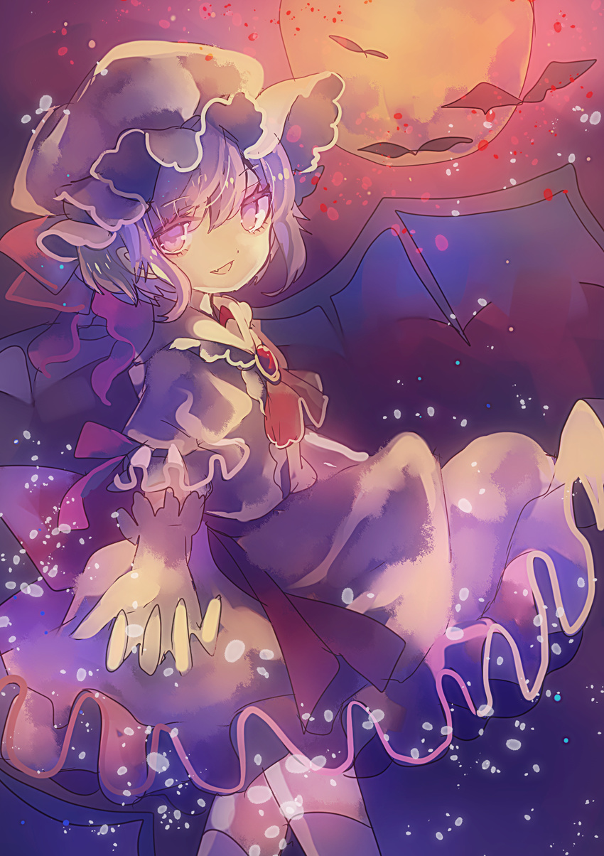 bat bat_wings bow brooch cha_goma hat hat_bow highres jewelry lavender_eyes lavender_hair moon open_mouth remilia_scarlet solo touhou wings