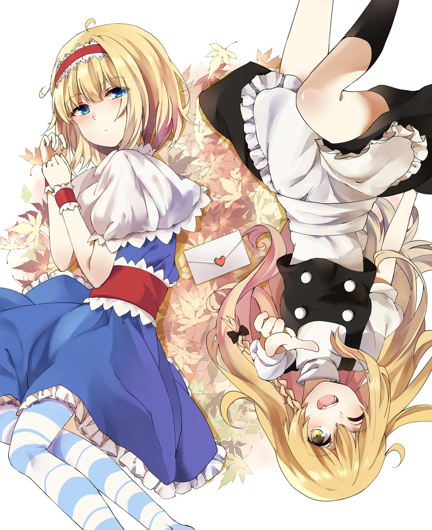 absurdres alice_margatroid apron autumn_leaves blonde_hair blue_dress blue_eyes braid capelet dress fang hairband highres izumi4195202 kirisame_marisa letter lolita_hairband long_hair looking_at_viewer love_letter lying multiple_girls no_hat no_headwear on_back on_side one_eye_closed open_mouth pantyhose pointing pointing_at_viewer puffy_short_sleeves puffy_sleeves sash shirt short_sleeves single_braid skirt skirt_set smile striped striped_legwear touhou upside-down very_long_hair waist_apron wrist_cuffs yellow_eyes
