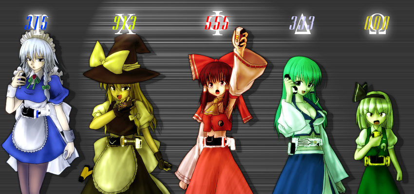 belt cellphone crossover hakurei_reimu henshin henshin_pose highres izayoi_sakuya kamen_rider kamen_rider_555 kamen_rider_delta kamen_rider_faiz kamen_rider_kaixa kamen_rider_orga kamen_rider_psyga kamishima_kanon kirisame_marisa kochiya_sanae konpaku_youmu multiple_girls parody phone pose touhou