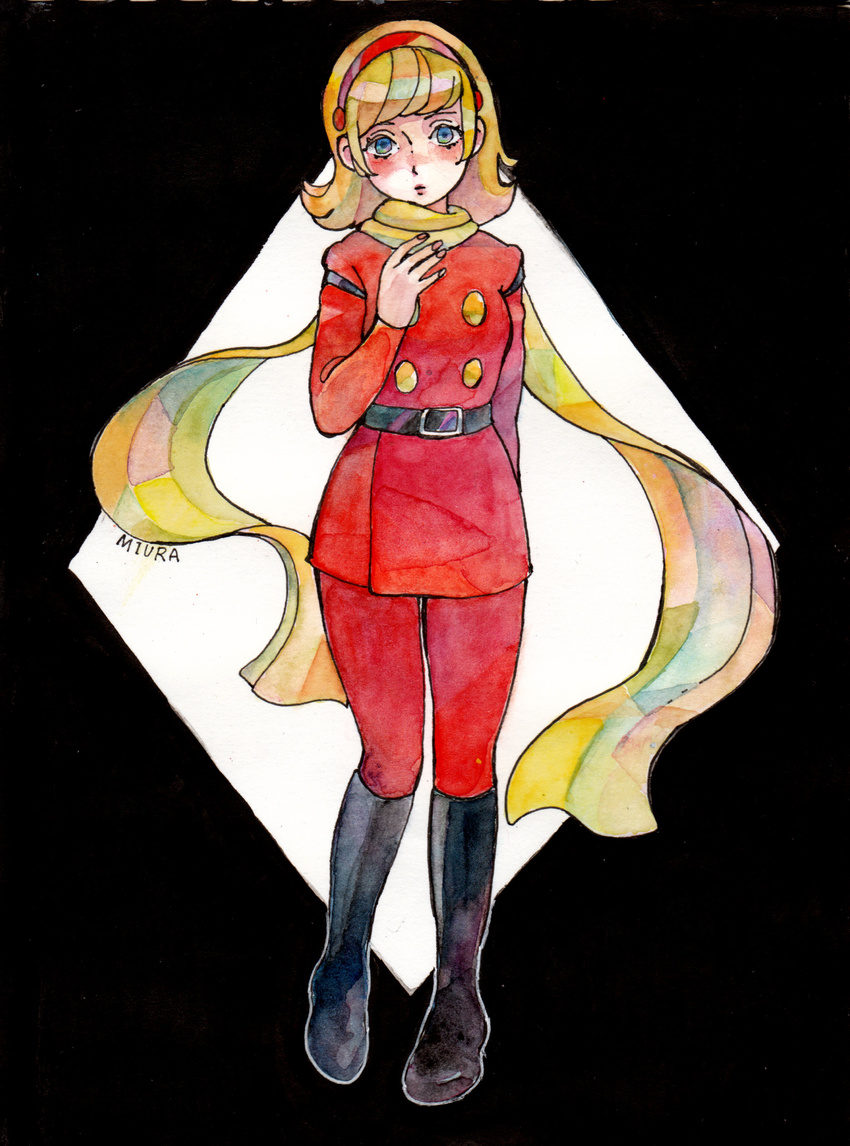 absurdres belt black_background blonde_hair blue_eyes boots cyborg cyborg_009 diamond_(shape) francoise_arnoul full_body hairband highres miura nail_polish scarf short_hair simple_background solo traditional_media watercolor_(medium)