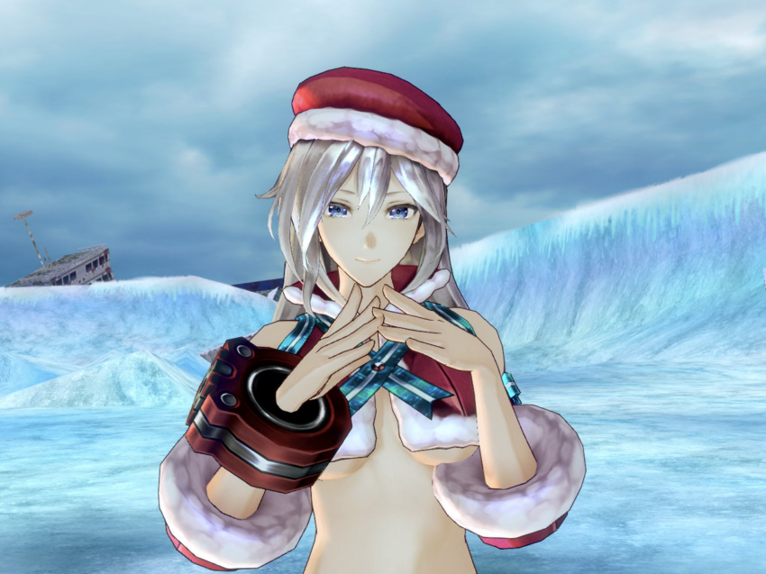 1girl alisa_ilinichina_amiella blue_eyes breasts christmas god_eater god_eater_resonant_ops hat large_breasts long_hair midriff santa_hat tagme underboob