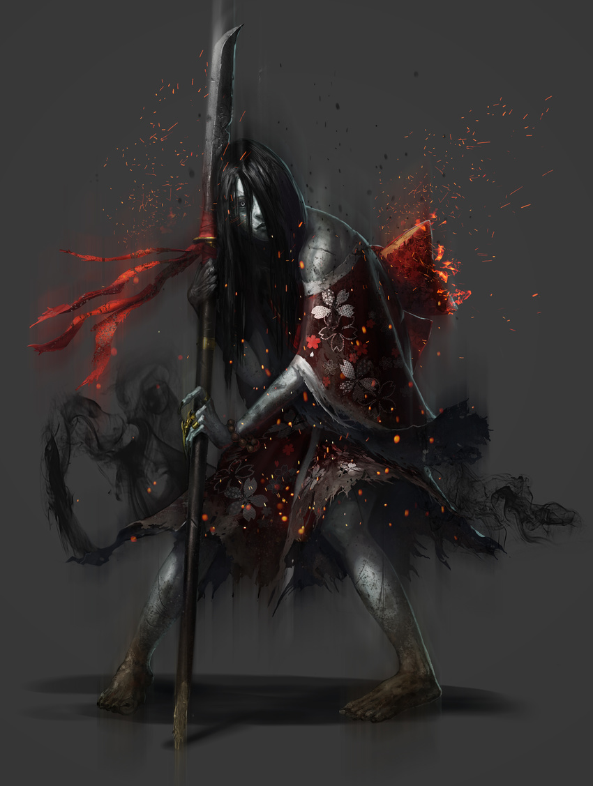 absurdres barefoot black_hair black_nails black_sclera concept_art dirty_feet fingernails full_body glaive grey_background grey_eyes hair_over_one_eye highres hisako_(killer_instinct) japanese_clothes jewelry killer_instinct kimono long_fingernails nail_polish official_art pale_skin pigeon-toed ring solo toes torn_clothes