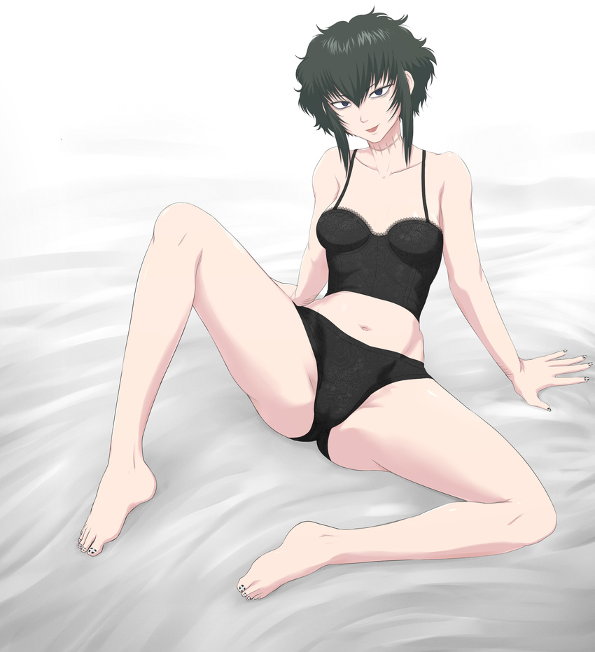 1girl black_hair black_lagoon bra breasts highres jadf looking_at_viewer panties sawyer_the_cleaner scar sitting smile solo spread_legs underwear