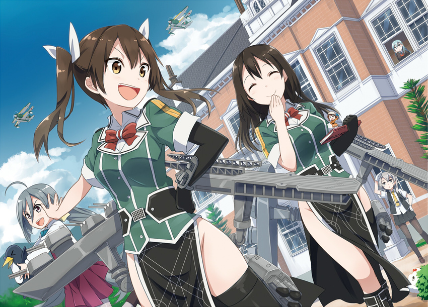 &gt;_&lt; :d ^_^ ahoge aircraft airplane animal asymmetrical_hair biplane black_footwear black_legwear blue_hair book boots bow bowtie brown_hair chikuma_(kantai_collection) closed_eyes cloud collared_shirt covering_mouth damage_control_crew_(kantai_collection) day dutch_angle elbow_gloves elbow_rest f1m failure_penguin fairy_(kantai_collection) gloves gochou_(atemonai_heya) hair_ribbon hand_over_own_mouth holding holding_animal holding_book kantai_collection kiyoshimo_(kantai_collection) knee_boots loafers long_hair looking_out_window low_twintails machinery miss_cloud multiple_girls necktie no_panties nowaki_(kantai_collection) open_mouth outdoors outstretched_arm pantyhose pelvic_curtain remodel_(kantai_collection) ribbon seaplane shading_eyes shirt shoes side_slit silver_eyes silver_hair single_elbow_glove single_thighhigh skirt sky smile suzuya_(kantai_collection) thighhighs tie_clip tone_(kantai_collection) turret twintails untucked_shirt v-shaped_eyebrows waistcoat white_ribbon yellow_eyes