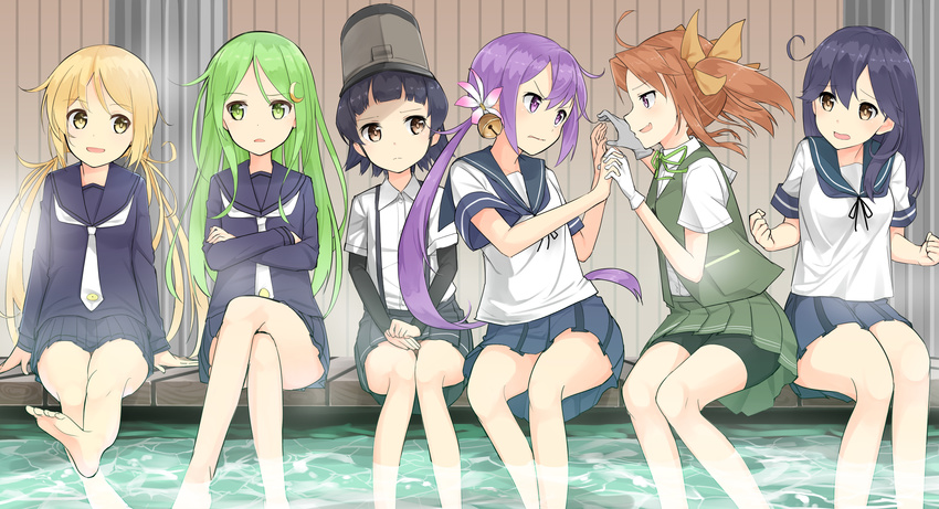 absurdres ahoge akebono_(kantai_collection) arare_(kantai_collection) arm_warmers bangs bare_legs barefoot bell black_hair blonde_hair blouse blue_skirt blunt_bangs brown_eyes brown_hair collared_shirt crescent crescent_hair_ornament crossed_arms crossed_legs flower gloves green_eyes green_hair grey_skirt hair_bell hair_flower hair_ornament hair_ribbon highres holding_hands jingle_bell kagerou_(kantai_collection) kantai_collection long_hair long_sleeves looking_at_another low_twintails max_melon multiple_girls nagatsuki_(kantai_collection) neckerchief open_mouth pleated_skirt purple_eyes purple_hair ribbon sailor_collar satsuki_(kantai_collection) school_uniform serafuku shirt short_hair short_sleeves side_ponytail sitting skirt soaking_feet suspenders twintails ushio_(kantai_collection) vest visor_cap water white_gloves yellow_eyes