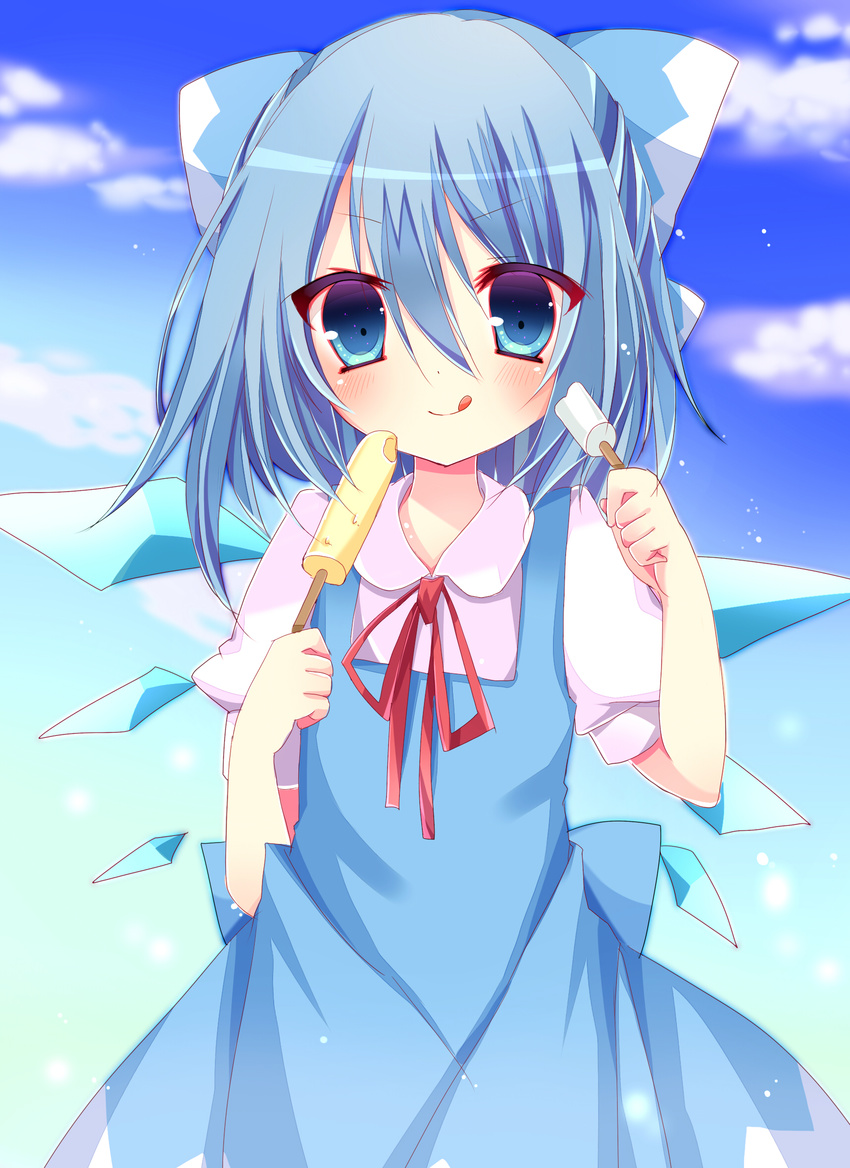 :q ai_1003 blue_dress blue_eyes blue_hair blue_sky blush bow cirno cloud day dress food hair_bow highres light_particles looking_at_viewer popsicle puffy_short_sleeves puffy_sleeves ribbon short_hair short_sleeves sky solo tongue tongue_out touhou wings
