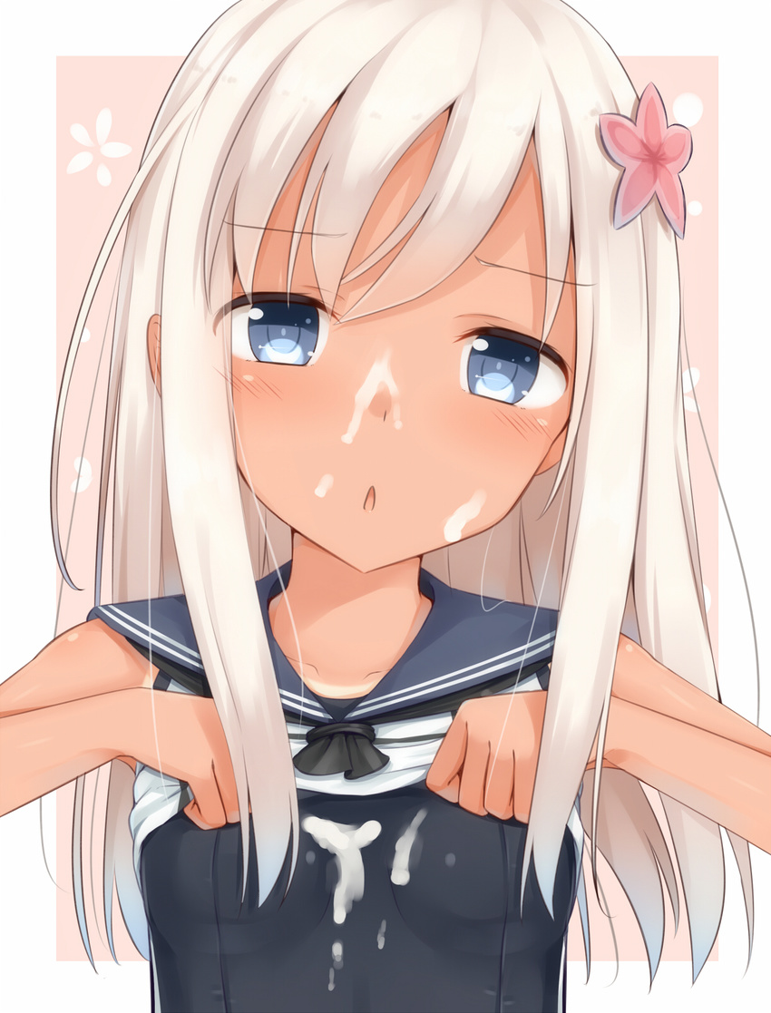 :&lt; blue_eyes chocolate flower hair_flower hair_ornament highres kantai_collection long_hair looking_at_viewer one-piece_swimsuit ro-500_(kantai_collection) school_swimsuit school_uniform sexually_suggestive solo suggestive_fluid swimsuit swimsuit_under_clothes tsuchikure white_chocolate white_day white_hair