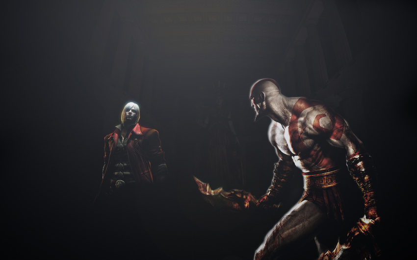 2boys bald battle crossover dante dante_(devil_may_cry) devil_may_cry devil_may_cry_4 dual_wielding epic god_of_war kratos multiple_boys pteruges red_jacket weapon white_hair