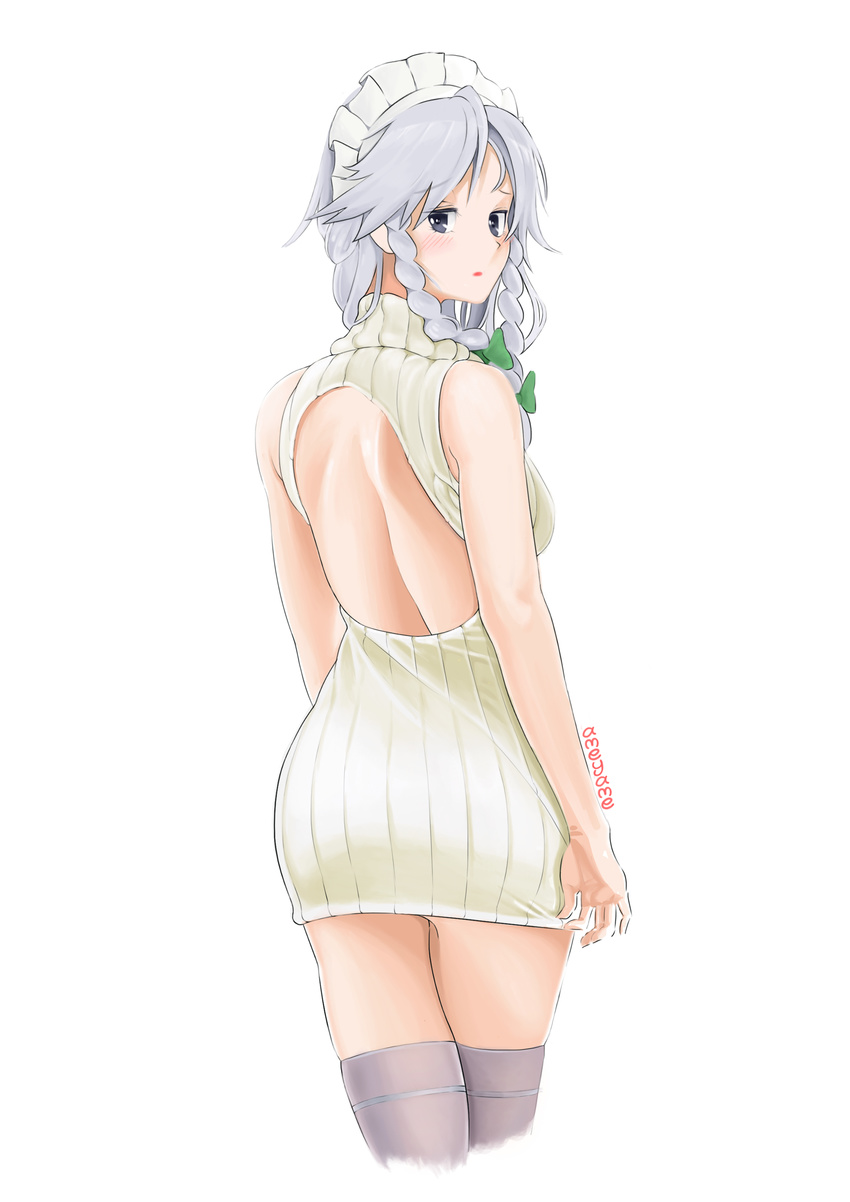 absurdres ameyame artist_name back backless_dress backless_outfit bad_id bad_pixiv_id bare_shoulders blue_eyes braid clothes_tug dress from_behind hair_ribbon highres izayoi_sakuya long_hair looking_back maid_headdress ribbed_sweater ribbon silver_hair sleeveless sleeveless_turtleneck solo sweater sweater_dress sweater_tug thighhighs touhou turtleneck twin_braids white_background