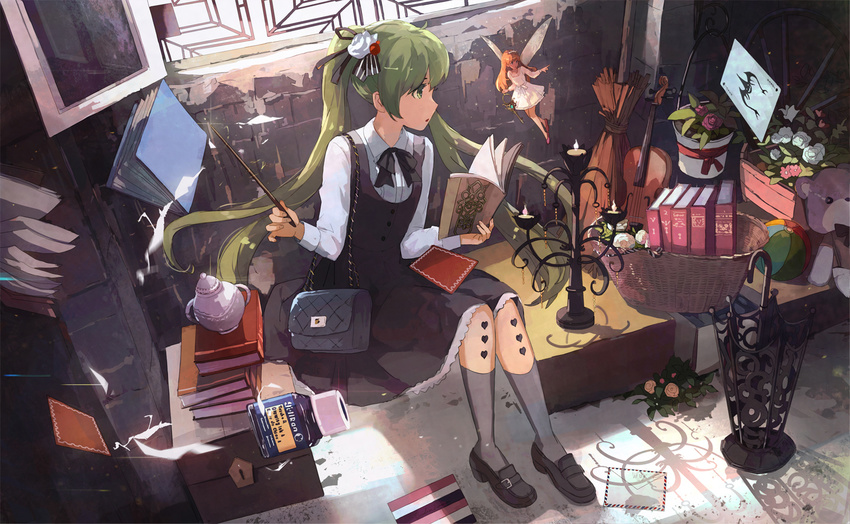 book dress fairy flower green_eyes green_hair hatsune_miku loafers long_hair multiple_girls ooi_choon_liang orange_hair shoes sitting socks stuffed_animal stuffed_toy teddy_bear twintails very_long_hair vocaloid wings