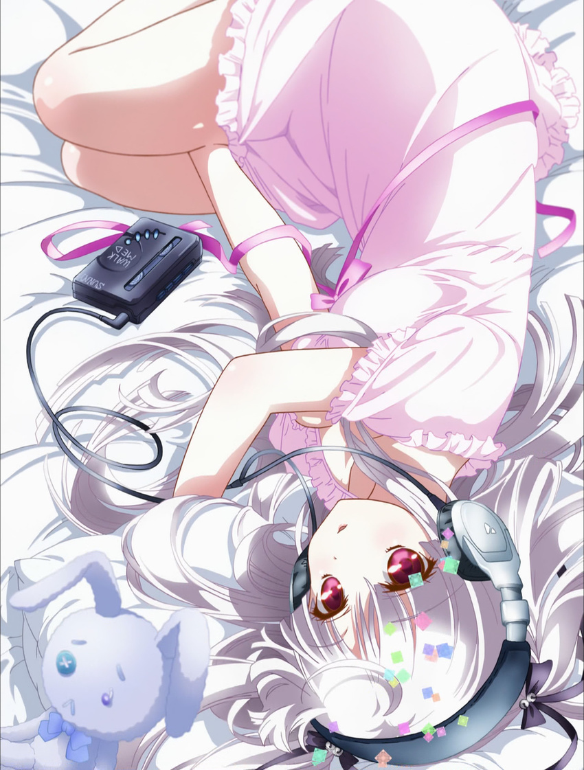 absolute_duo absurdres bed cassette_player headphones highres long_hair nightgown red_eyes screencap silver_hair solo stuffed_animal stuffed_bunny stuffed_toy yurie_sigtuna