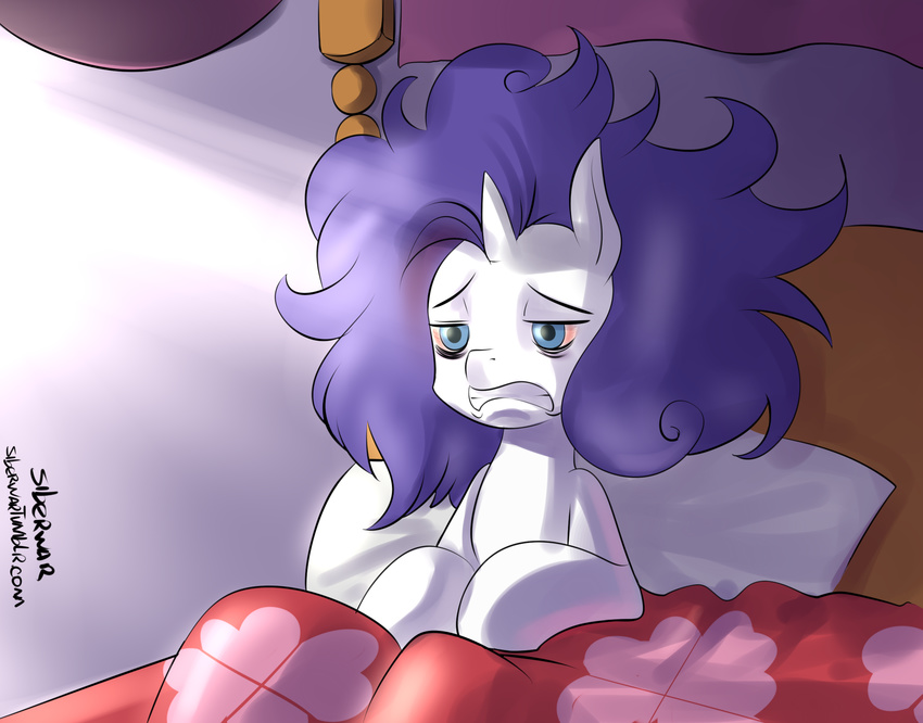 2015 bed bed_head bloodshot_eyes blue_eyes equine female friendship_is_magic hair horn mammal messy_hair my_little_pony pillow purple_hair rarity_(mlp) siberwar solo unicorn