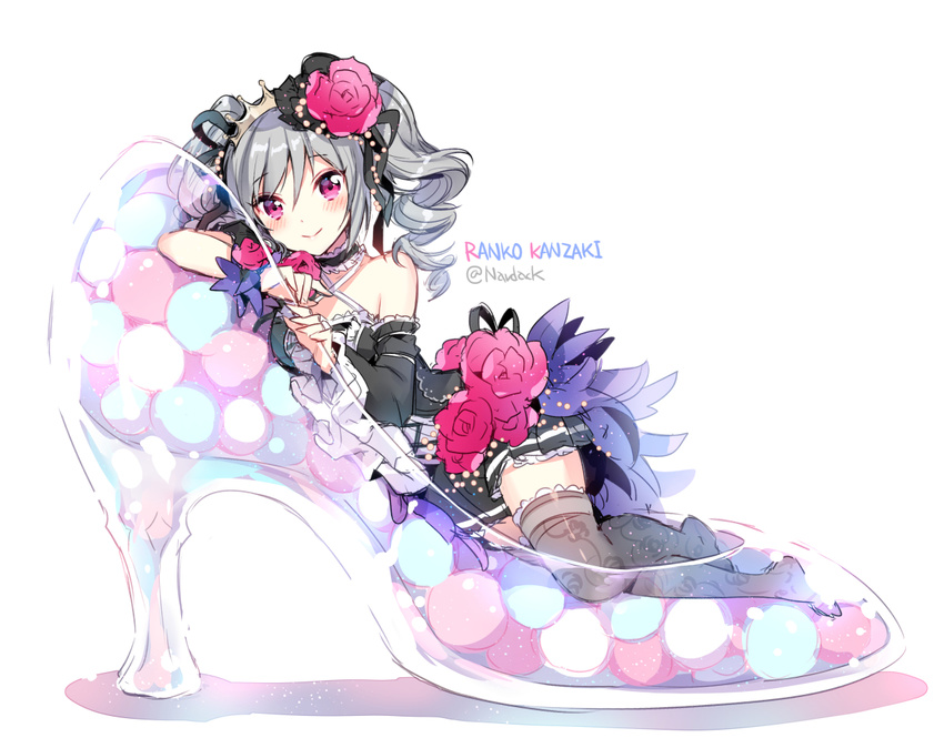 bare_shoulders black_legwear blush character_name crown detached_sleeves dress drill_hair flower glass_slipper hair_flower hair_ornament hair_ribbon high_heels idolmaster idolmaster_cinderella_girls in_shoe kanzaki_ranko long_hair looking_at_viewer minigirl nardack oversized_object red_eyes ribbon silver_hair smile solo thighhighs twin_drills twintails twitter_username