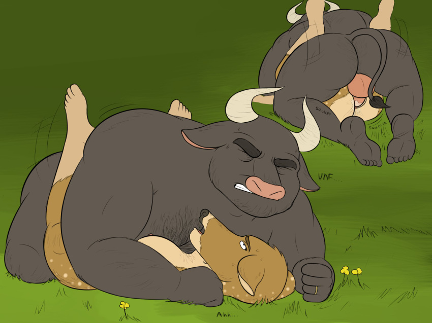2018 5_toes anthro anthro_on_anthro backsack balls black_fur body_hair bovine breasts brown_fur butt cattle cervine chest_hair clenched_teeth day digital_media_(artwork) duo english_text eyes_closed feet female flower front_view fur grass hi_res hindpaw humanoid_feet interspecies josie_(oystercatcher7) larger_male legs_up lying male male/female mammal milo_(oystercatcher7) missionary_position motion_lines multiple_angles nipples nude on_back open_mouth outside oystercatcher7 paws penetration penis plant pussy pussy_juice rear_view ring sex size_difference smaller_female soles sound_effects sweat teeth text toes vaginal vaginal_penetration