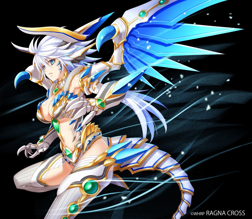 black_background blue_eyes breasts cleavage dragon_girl gauntlets highres keible large_breasts long_hair ragna_cross silver_hair simple_background solo tail watermark wings