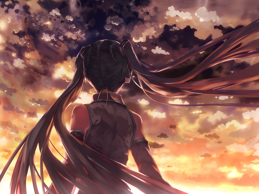 arm_tattoo back bare_shoulders bob_(biyonbiyon) cloud cloudy_sky detached_sleeves facing_away floating_hair from_behind from_below hair_ornament hatsune_miku headphones highres long_hair sky solo sunset tattoo twintails upper_body vocaloid wind
