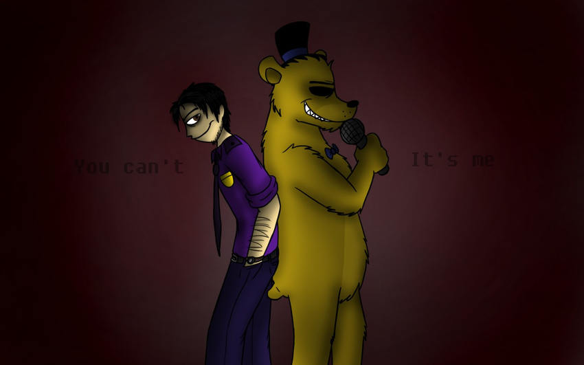 bear bow_tie five_nights_at_freddy's golden_freddy_(fnaf) hat human male mammal necktie purple_man_(fnaf) top_hat wolfscar2810