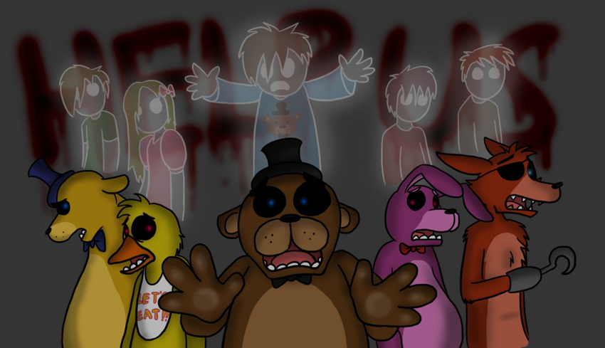 avian bear bird bonnie_(fnaf) bow_tie canine chica_(fnaf) chicken five_nights_at_freddy's fox foxy_(fnaf) freddy_(fnaf) ghost hat lagomorph male mammal rabbit spirit top_hat wolfscar2810