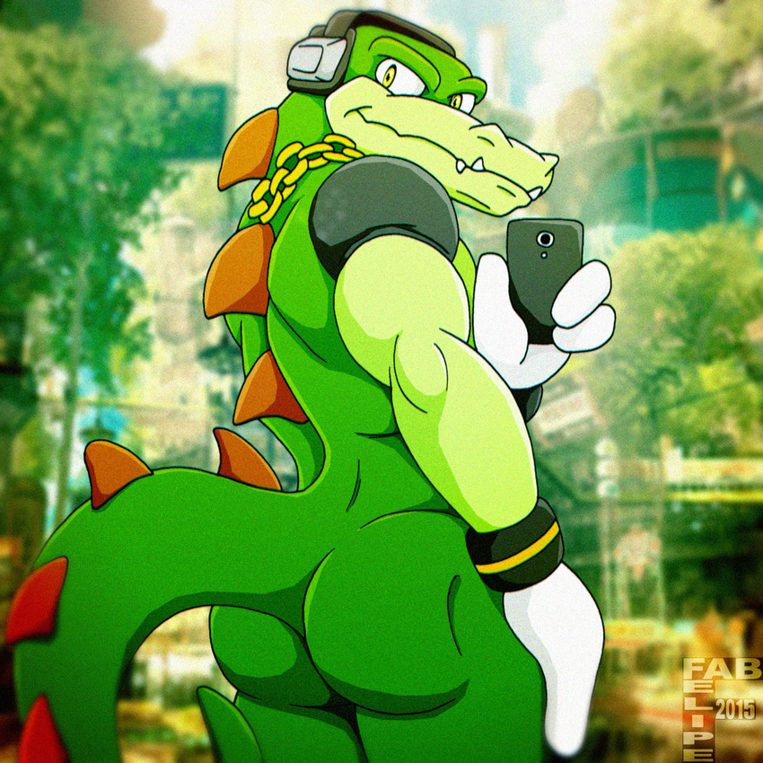 anthro biceps butt cellphone chain crocodile fabfelipe gloves headgear headphones looking_at_viewer looking_back male manly muscles necklace nude outside phone presenting presenting_hindquarters reptile scalie sega sharp_teeth smile solo sonic_(series) standing teeth vector_the_crocodile