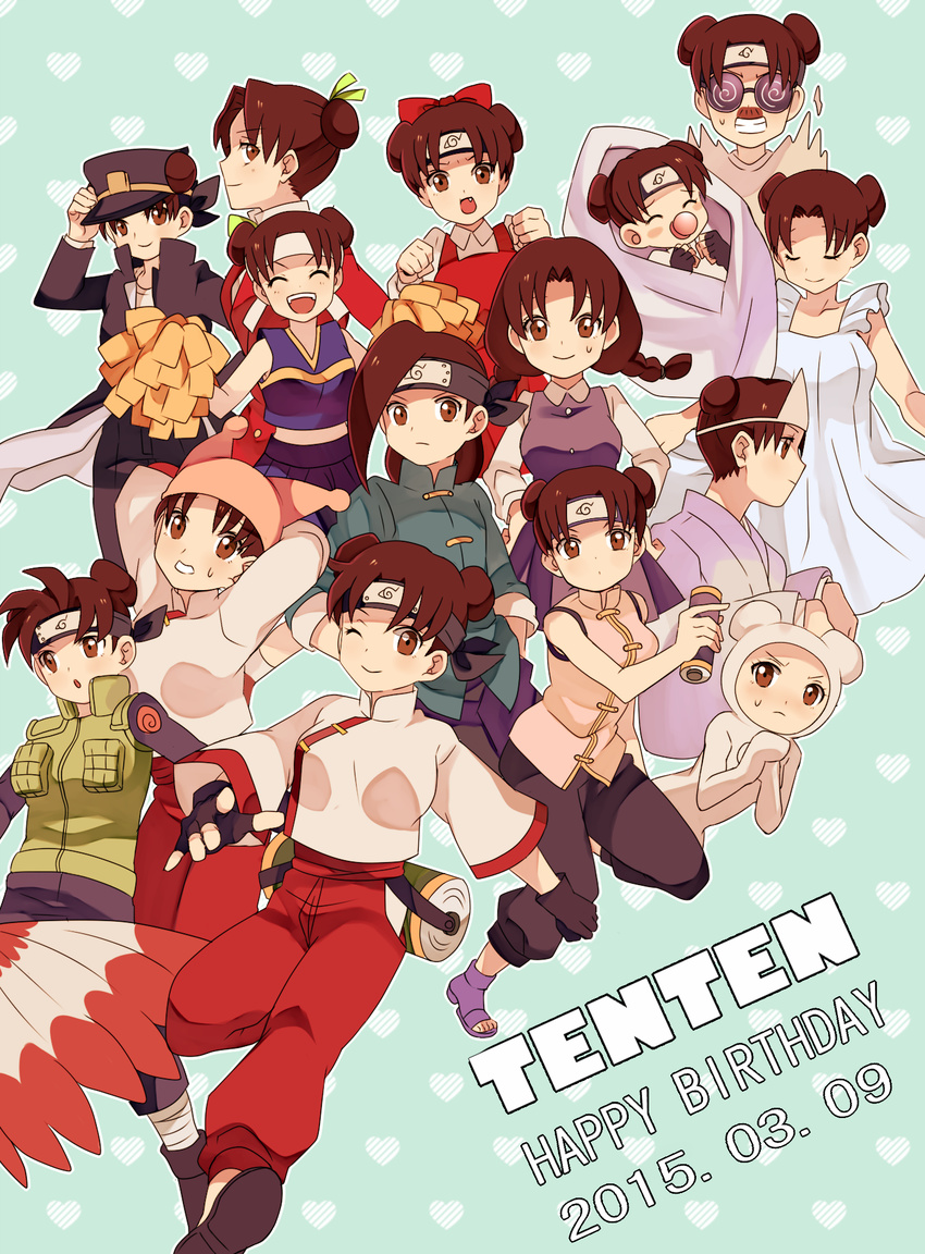13domon 2015 6+girls :d baby brown_eyes brown_hair cheerleader dated double_bun eyes_closed fang flak_jacket forehead_protector glasses happy_birthday hat headband japanese_clothes multiple_girls multiple_persona naruto naruto_shippuuden open_mouth pacifier peaked_cap pom_poms smile tenten wink