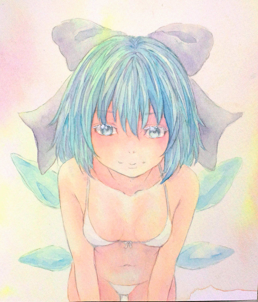 bikini blue_eyes blue_hair bow breasts cirno collarbone front-tie_bikini front-tie_top hair_bow highres ice ice_wings leaning_forward looking_at_viewer navel pink_background short_hair small_breasts solo swimsuit touhou traditional_media upper_body watercolor_(medium) white_bikini wings yuyu_(00365676)