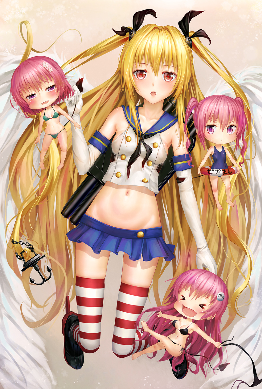 &gt;_&lt; aki99 anchor bikini black_panties boots breasts chibi closed_eyes cosplay crop_top crop_top_overhang demon_tail elbow_gloves fang gloves hair_ornament hair_ribbon highres kantai_collection konjiki_no_yami lala_satalin_deviluke long_hair looking_at_viewer lying md5_mismatch midriff minigirl momo_velia_deviluke multiple_girls nana_asta_deviluke navel on_back panties panties_removed red_eyes revision ribbon school_swimsuit shimakaze_(kantai_collection) shimakaze_(kantai_collection)_(cosplay) shiny shiny_skin short_hair side-tie_bikini skindentation small_breasts string_bikini striped striped_legwear swimsuit tail tail_grab thighhighs to_love-ru twintails two_side_up underwear very_long_hair white_gloves