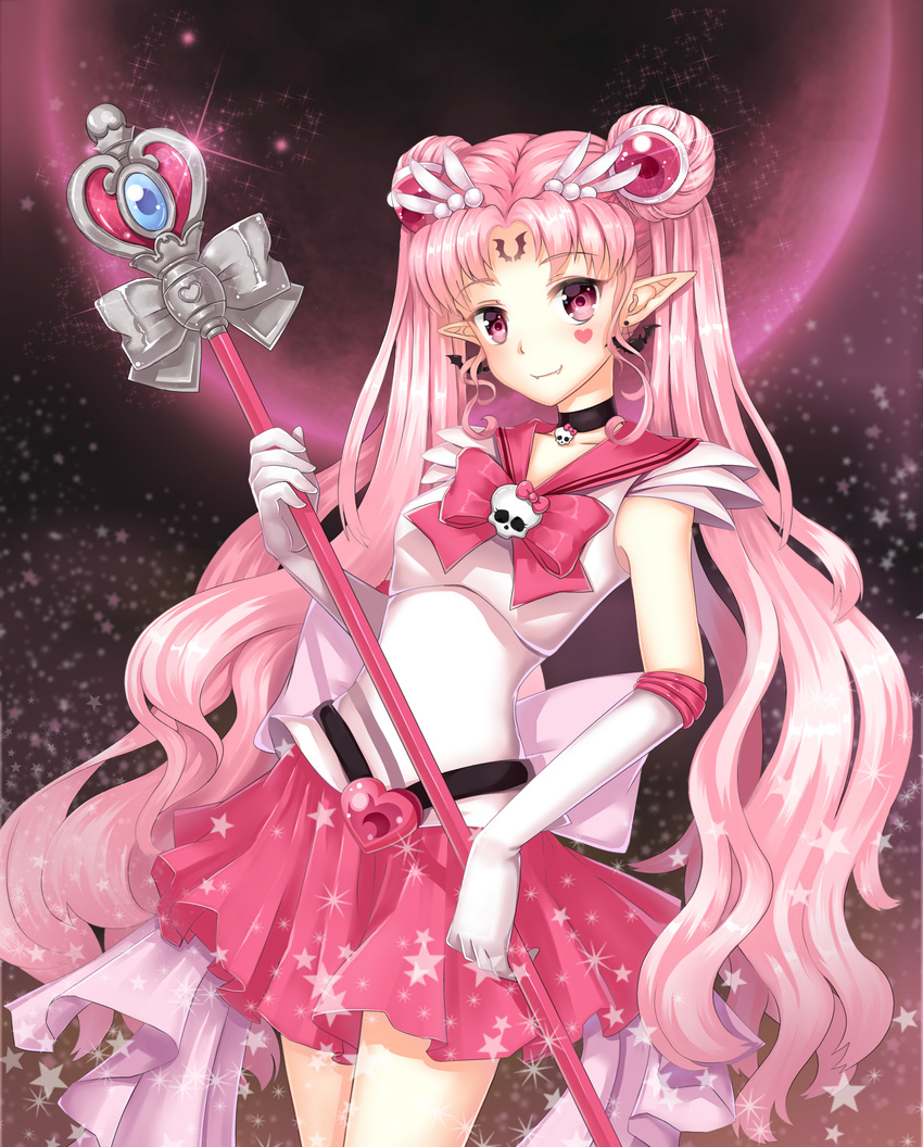 absurdres adapted_costume alternate_color alternate_eye_color alternate_hair_color bat_earrings bishoujo_senshi_sailor_moon black_choker bow choker double_bun earrings elbow_gloves facial_mark fang gloves hair_ornament hairpin harbor_(artist) highres holding holding_wand jewelry long_hair magical_girl pink_hair pink_sailor_collar pink_skirt pointy_ears red_bow red_eyes ribbon sailor_collar sailor_moon sailor_senshi_uniform skirt smile solo spiral_heart_moon_rod star tattoo tsukino_usagi twintails very_long_hair wand white_gloves