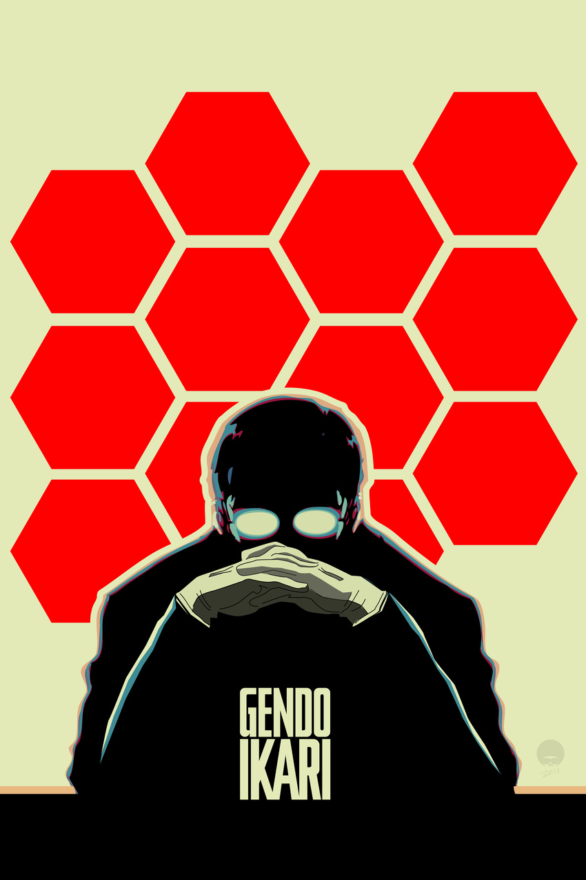 absurdres character_name desk gendou_pose glasses hands_clasped hexagon highres ikari_gendou looking_at_viewer male_focus md5_mismatch neon_genesis_evangelion opaque_glasses own_hands_together resized silhouette solo spot_color studiomuku upscaled
