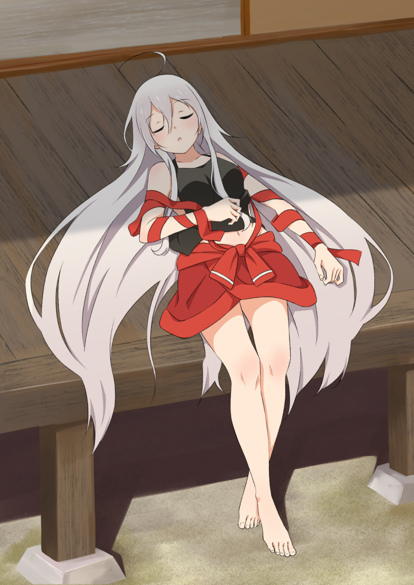 1girl ahoge barefoot blush breasts chiya_(urara_meirochou) collarbone eyes_closed highres long_hair medium_breasts motsutoko navel open_mouth sleeping solo urara_meirochou very_long_hair white_hair