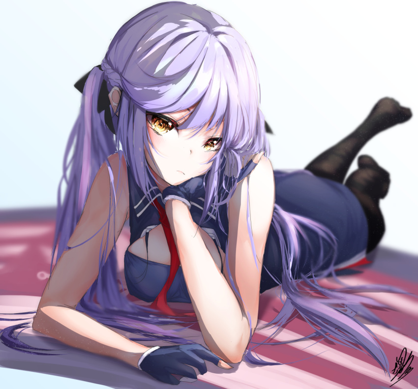 1girl azur_lane bangs bare_arms bare_shoulders black_legwear chin_rest essex_(azur_lane) gloves hand_on_head head_tilt highres long_hair looking_at_viewer lying military military_uniform murata_ryou no_shoes on_stomach pantyhose purple_hair simple_background solo uniform yellow_eyes