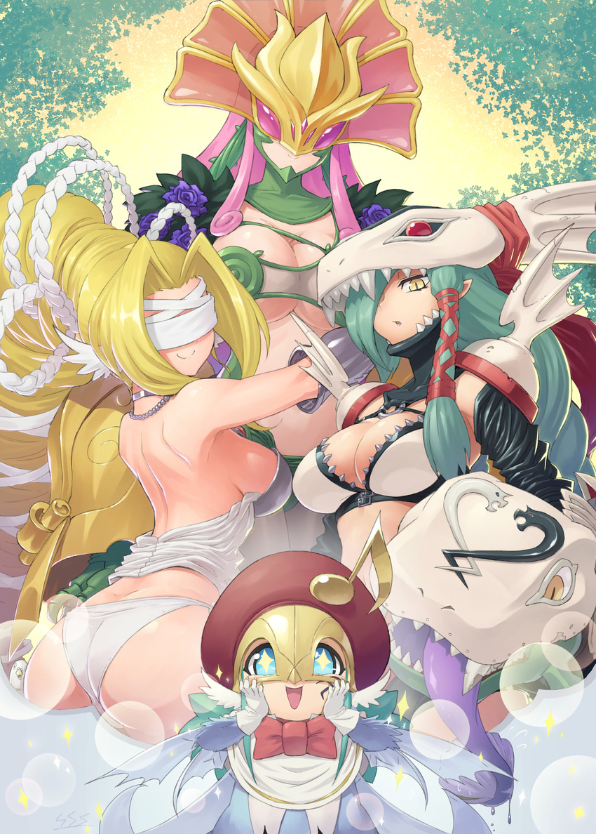 4girls :d :o aqua_hair armor ass bare_shoulders bird blindfold blonde_hair blue_eyes bow breasts bubble buckle ceresmon choker claws cleavage crack digimon dove feathers flower gauntlets gloves hair_over_one_eye hair_tubes hands_on_own_cheeks hands_on_own_face head_wings helmet highres imagining jewelry kazkazkaz large_breasts lips long_hair looking_at_viewer mask mervamon multiple_girls navel necklace open_mouth pink_hair plant pointy_ears purple_eyes seirenmon sharp_teeth shiny shiny_hair shiny_skin shoulder_blades shoulder_pads signature slit_pupils smile snake sparkle spikes teeth tongue tongue_out underboob venusmon very_long_hair vines yellow_eyes