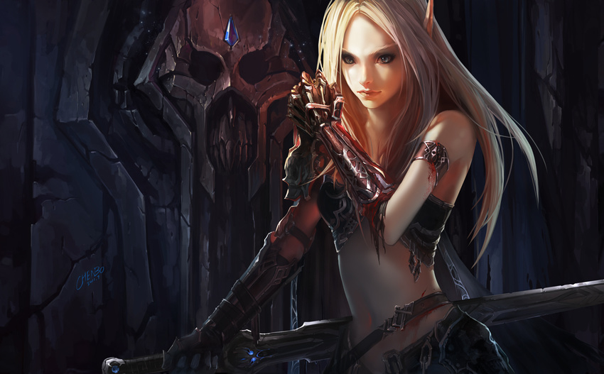 2011 armor blonde_hair blood chenbo elf gauntlets grey_eyes holding holding_sword holding_weapon long_hair navel pointy_ears signature skull solo sword warcraft weapon world_of_warcraft