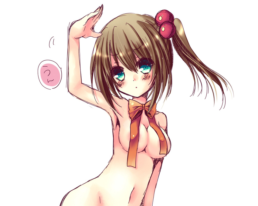 arm_up blush breasts brown_hair hair_bobbles hair_ornament medium_breasts meiya_neon naked_ribbon ribbon side_ponytail simple_background solo white_background
