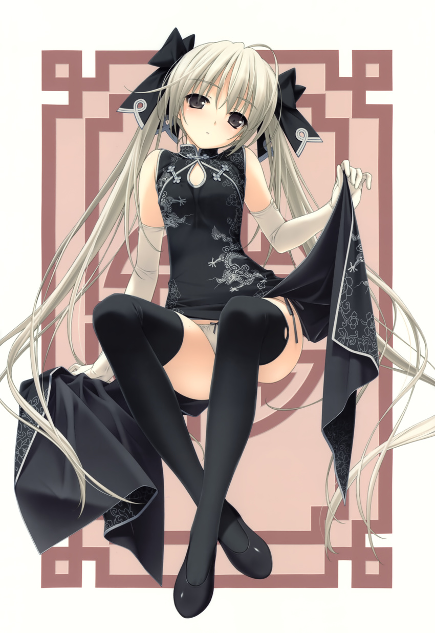 absurdres black_eyes black_legwear chinese_clothes dress dress_lift elbow_gloves gloves grey_hair hashimoto_takashi highres kasugano_sora long_legs panties thighhighs twintails underwear white_gloves white_panties yosuga_no_sora