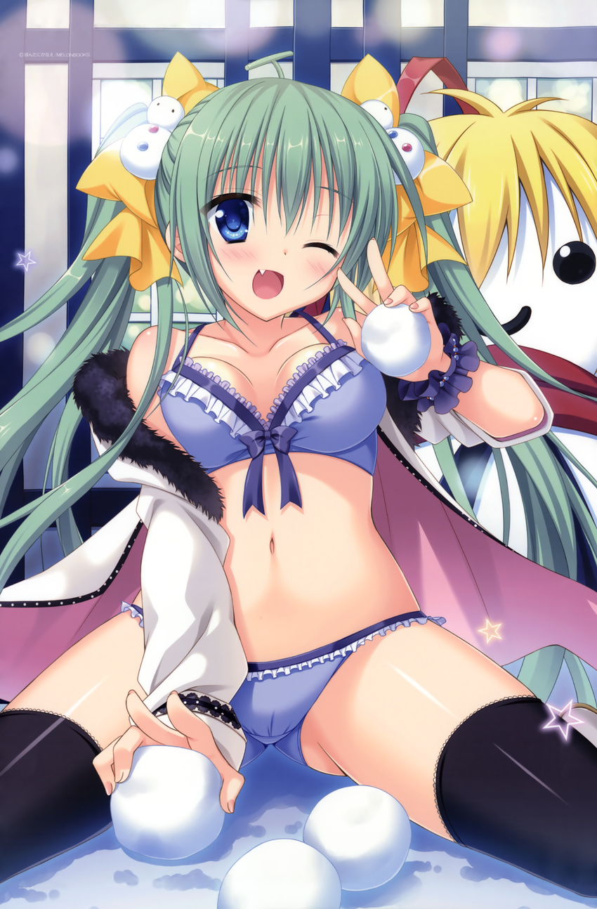 ;d absurdres black_legwear blue_bra blue_eyes blue_panties bow bra breasts cleavage coat fang green_hair hair_bow highres huge_filesize medium_breasts melon-chan melonbooks moribe_(rabumanyo) one_eye_closed open_clothes open_coat open_mouth panties sitting smile snowball snowman snowman_hair_ornament spread_legs thighhighs twintails underwear v yellow_bow