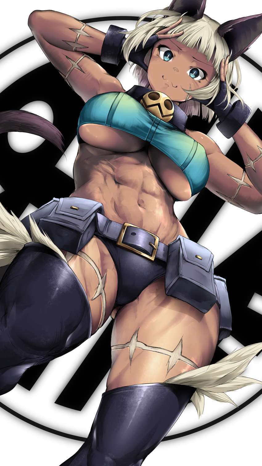 :3 abs animal_ears belt belt_pouch black_gloves black_legwear black_panties blonde_hair blue_eyes breasts cat_ears cat_tail commentary_request crop_top fingerless_gloves from_below gloves highres large_breasts midriff ms._fortune_(skullgirls) no_bra panties pouch revision skullgirls solo tail thick_thighs thighhighs thighs toned underboob underwear upshorts yana_(nekoarashi)