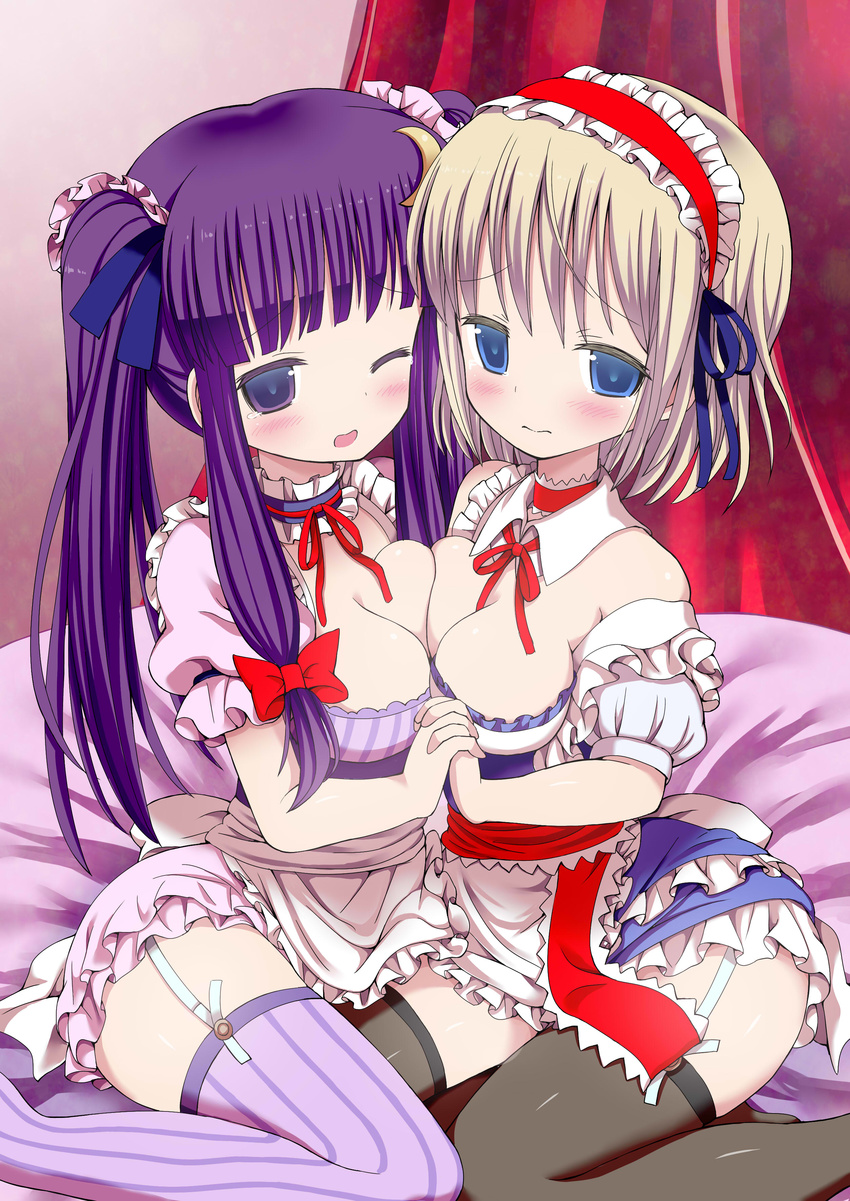 absurdres alice_margatroid alternate_costume alternate_hairstyle apron black_legwear blonde_hair blue_dress blue_eyes blue_ribbon blush breast_press breasts crescent crescent_hair_ornament detached_sleeves dress enmaided garter_straps givuchoko hair_ornament hairband hands_clasped highres holding_hands long_hair looking_at_viewer maid maid_apron medium_breasts multiple_girls off_shoulder one_eye_closed own_hands_together patchouli_knowledge puffy_short_sleeves puffy_sleeves purple_dress purple_eyes purple_hair purple_legwear red_ribbon ribbon short_dress short_hair short_sleeves symmetrical_docking tears thighhighs touhou twintails very_long_hair wavy_mouth